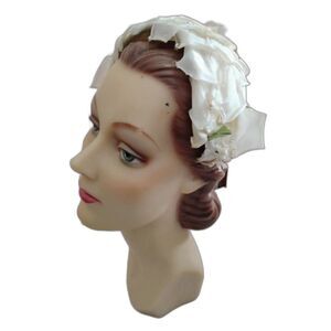 50s 60s Vintage Romantic White Silk Floral Half Hat, Bridal Headpiece